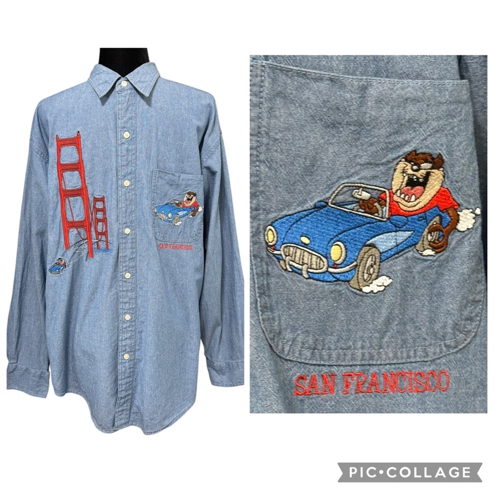 Vintage Warner Bros Taz Golden Gate Bridge Chambray Shirt San Francisco Medium